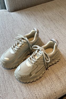 Women's Lace-Up Mesh Sports Leisure Shoes - Breathable Genuine Leather Thick-Soled Dad Sneakers for Spring 2025