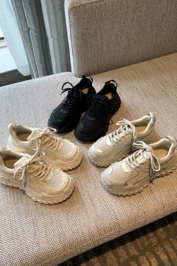 Women's Lace-Up Mesh Sports Leisure Shoes - Breathable Genuine Leather Thick-Soled Dad Sneakers for Spring 2025