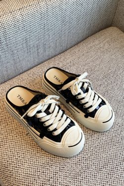 Women's Lace-Up Sequined Baotou Slippers, 2025 New Style, Thick-Soled Casual Little White Half-Drag, Versatile Footwear