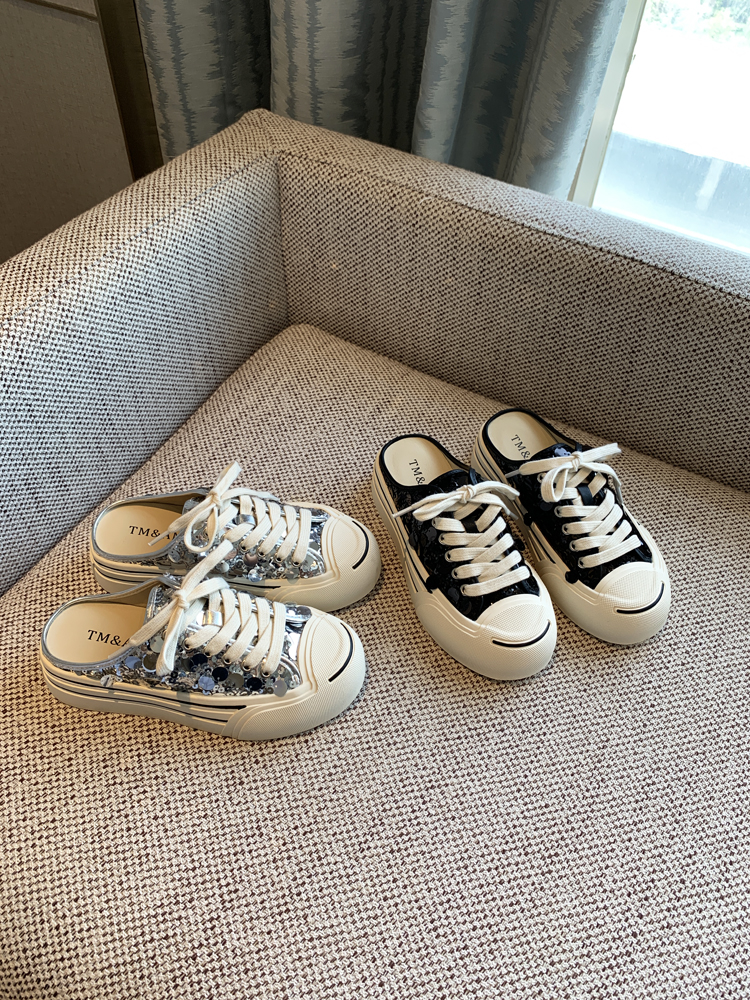 Women's Lace-Up Sequined Baotou Slippers, 2025 New Style, Thick-Soled Casual Little White Half-Drag, Versatile Footwear Women's Lace-Up Sequined Baotou Slippers, 2025 New Style, Thick-Soled Casual Little White Half-Drag, Versatile Footwear