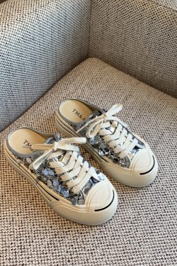 Women's Lace-Up Sequined Baotou Slippers, 2025 New Style, Thick-Soled Casual Little White Half-Drag, Versatile Footwear