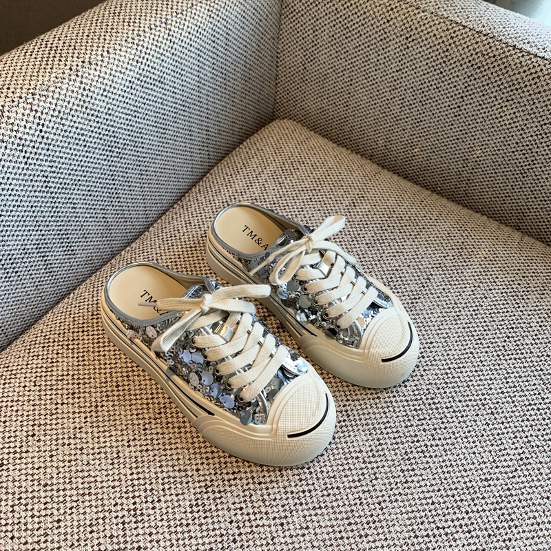 Women's Lace-Up Sequined Baotou Slippers, 2025 New Style, Thick-Soled Casual Little White Half-Drag, Versatile Footwear Women's Lace-Up Sequined Baotou Slippers, 2025 New Style, Thick-Soled Casual Little White Half-Drag, Versatile Footwear