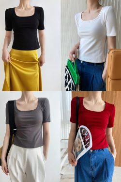 Women's Light Fabric Short Sleeve Square Neck T-Shirt - Solid Color, High Waist Slim Fit, Off-Shoulder Style for Spring/Summer