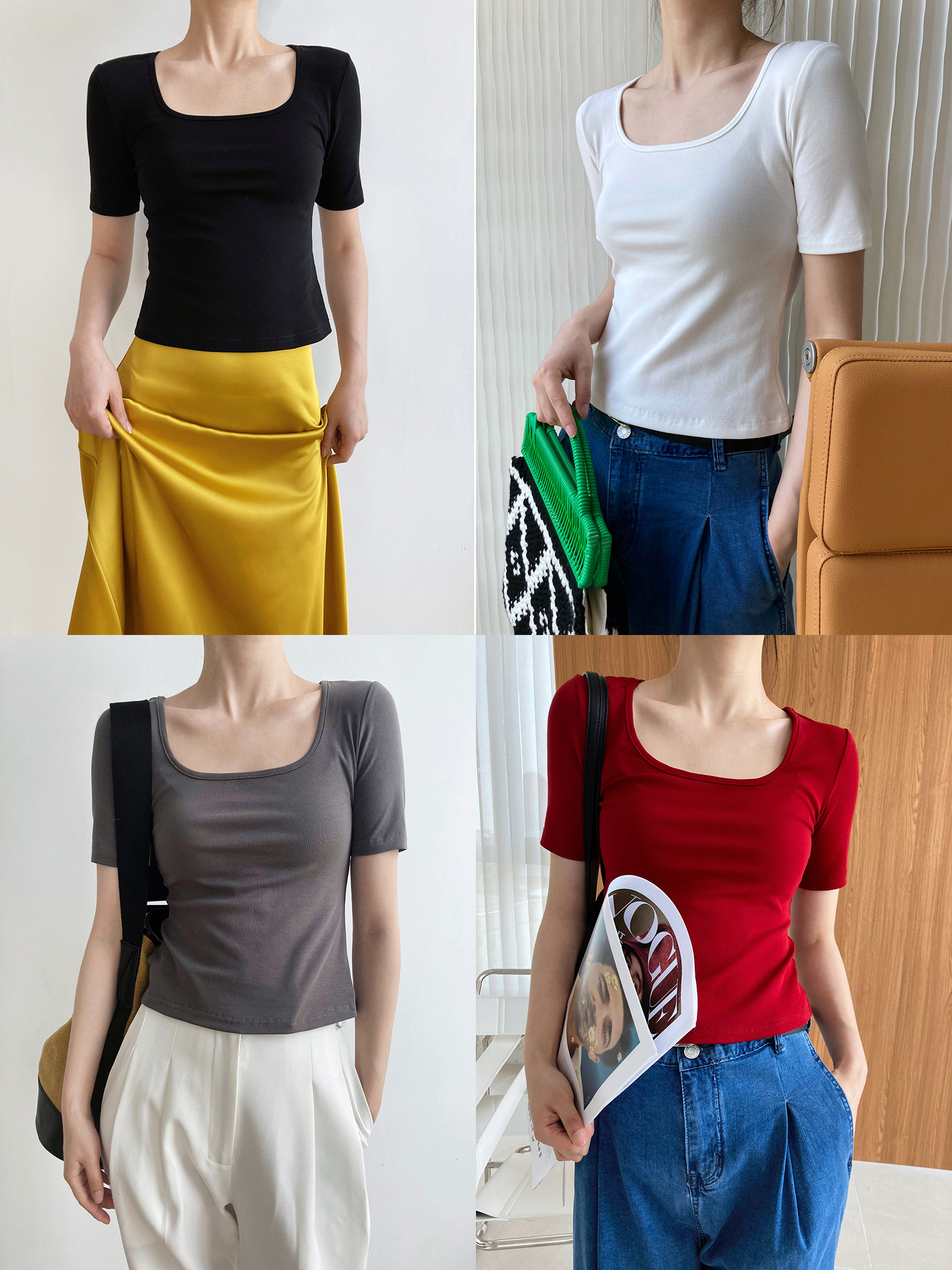Women's Light Fabric Short Sleeve Square Neck T-Shirt - Solid Color, High Waist Slim Fit, Off-Shoulder Style for Spring/Summer Women's Light Fabric Short Sleeve Square Neck T-Shirt - Solid Color, High Waist Slim Fit, Off-Shoulder Style for Spring/Summer