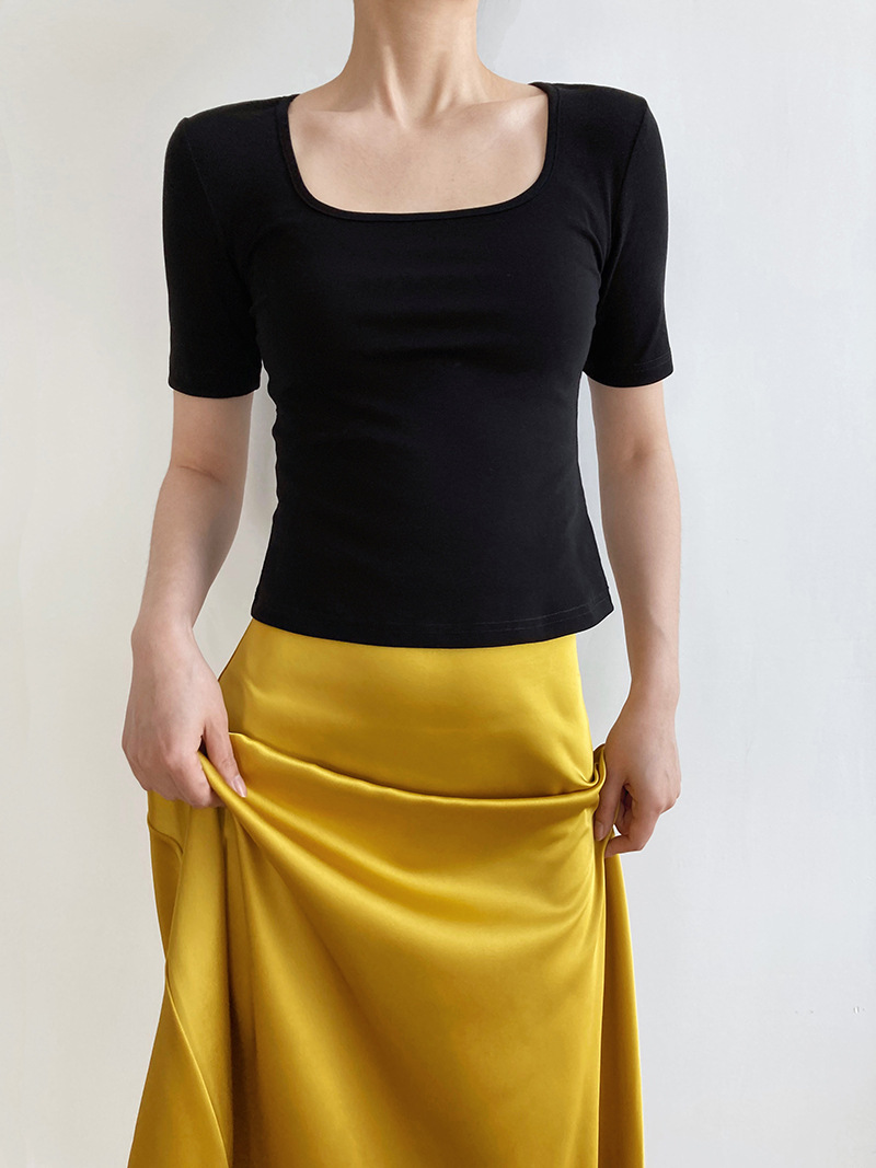 Women's Light Fabric Short Sleeve Square Neck T-Shirt - Solid Color, High Waist Slim Fit, Off-Shoulder Style for Spring/Summer Women's Light Fabric Short Sleeve Square Neck T-Shirt - Solid Color, High Waist Slim Fit, Off-Shoulder Style for Spring/Summer