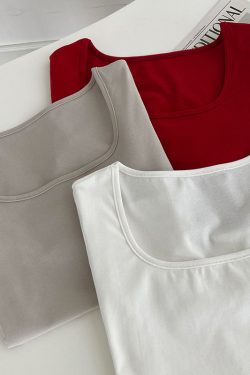 Women's Light Fabric Short Sleeve Square Neck T-Shirt - Solid Color, High Waist Slim Fit, Off-Shoulder Style for Spring/Summer