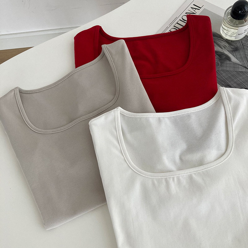 Women's Light Fabric Short Sleeve Square Neck T-Shirt - Solid Color, High Waist Slim Fit, Off-Shoulder Style for Spring/Summer Women's Light Fabric Short Sleeve Square Neck T-Shirt - Solid Color, High Waist Slim Fit, Off-Shoulder Style for Spring/Summer