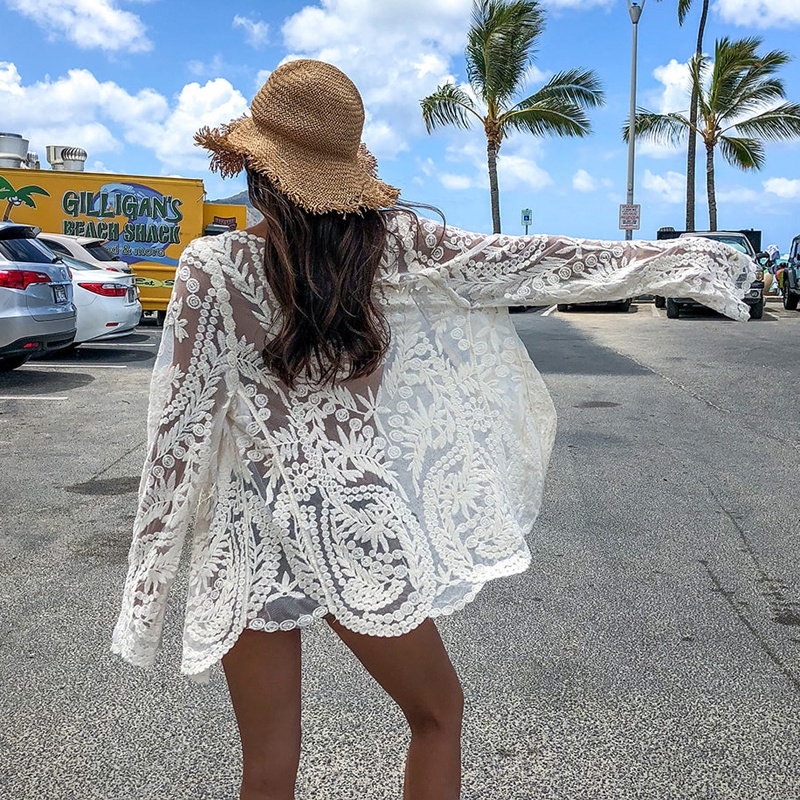 Women's Long Sleeve Bikini Cover-Up Coat - Hollow Lace Sun Protection Cardigan for Beach Vacation & Hot Springs Women's Long Sleeve Bikini Cover-Up Coat - Hollow Lace Sun Protection Cardigan for Beach Vacation & Hot Springs