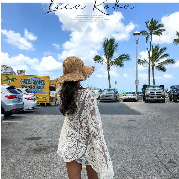 Women's Long Sleeve Bikini Cover-Up Coat - Hollow Lace Sun Protection Cardigan for Beach Vacation & Hot Springs Women's Long Sleeve Bikini Cover-Up Coat - Hollow Lace Sun Protection Cardigan for Beach Vacation & Hot Springs