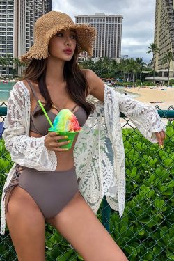 Women's Long Sleeve Bikini Cover-Up Coat - Hollow Lace Sun Protection Cardigan for Beach Vacation & Hot Springs
