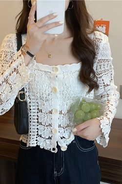 Women's Long Sleeve Sun Protection Shirt Jacket - Summer Knit Lace Cover-Up, Lightweight Shawl Top for Skirts and Dresses
