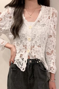 Women's Long Sleeve Sun Protection Shirt Jacket - Summer Knit Lace Cover-Up, Lightweight Shawl Top for Skirts and Dresses