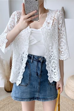 Women's Long Sleeve Sun Protection Shirt Jacket - Summer Knit Lace Cover-Up, Lightweight Shawl Top for Skirts and Dresses
