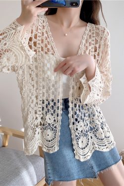 Women's Long Sleeve Sun Protection Shirt Jacket - Summer Knit Lace Cover-Up, Lightweight Shawl Top for Skirts and Dresses