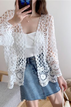 Women's Long Sleeve Sun Protection Shirt Jacket - Summer Knit Lace Cover-Up, Lightweight Shawl Top for Skirts and Dresses