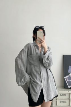 Women's Long Sleeve Tie-Dye Shirt with Lapel, Sun Grapefruit Summer Texture, Elegant Loose Fit, Casual Sun-Protective Style