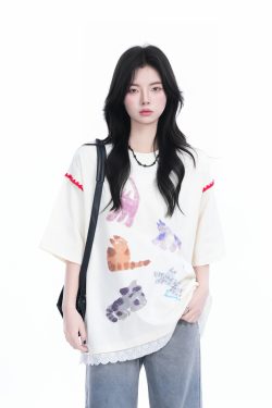 Women's Loose Cute Fake Two-Piece Lace Spliced Cat Graffiti Short Sleeve T-Shirt - Trendy Y2K Style