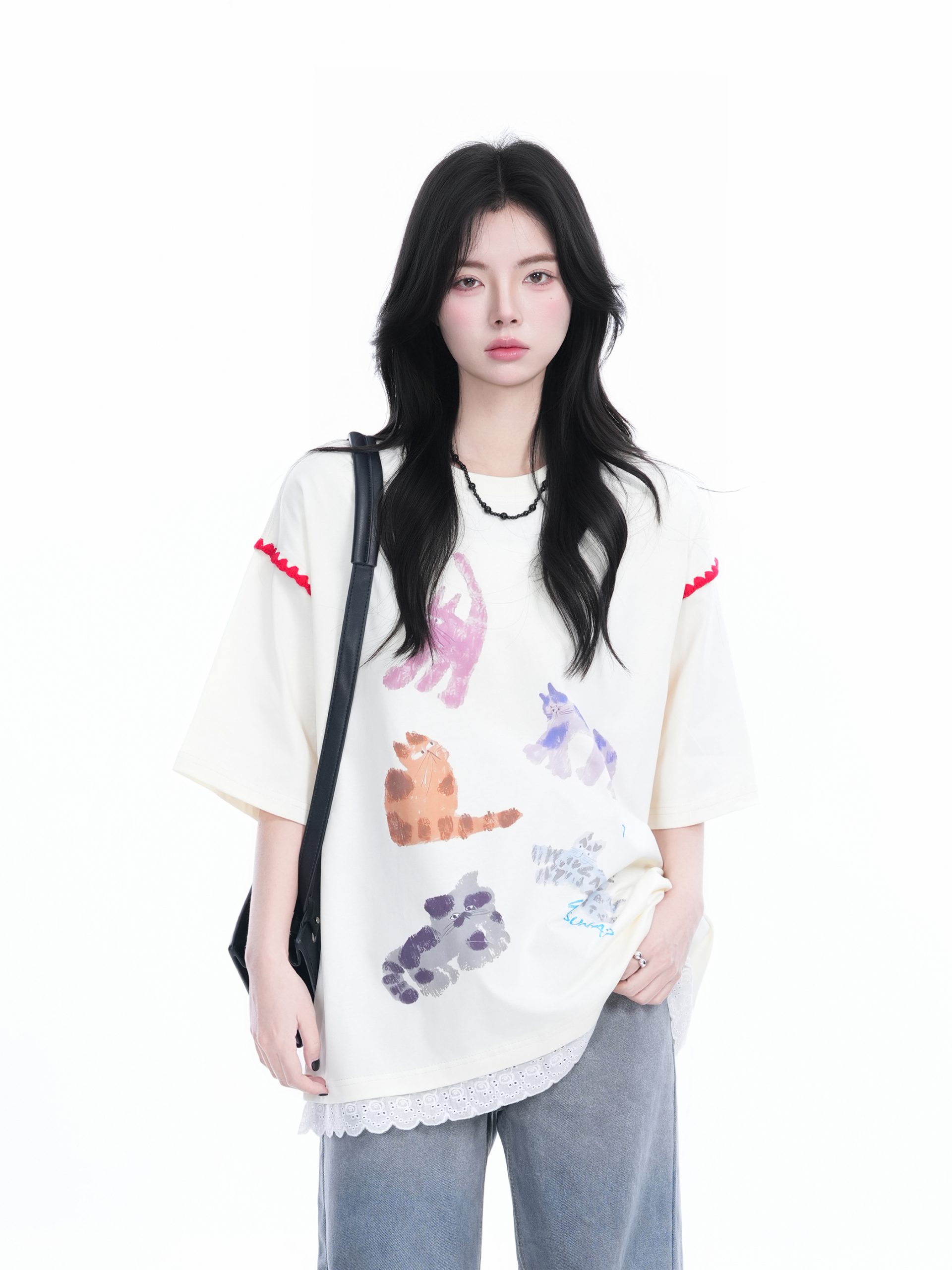 Women's Loose Cute Fake Two-Piece Lace Spliced Cat Graffiti Short Sleeve T-Shirt - Trendy Y2K Style Women's Loose Cute Fake Two-Piece Lace Spliced Cat Graffiti Short Sleeve T-Shirt - Trendy Y2K Style