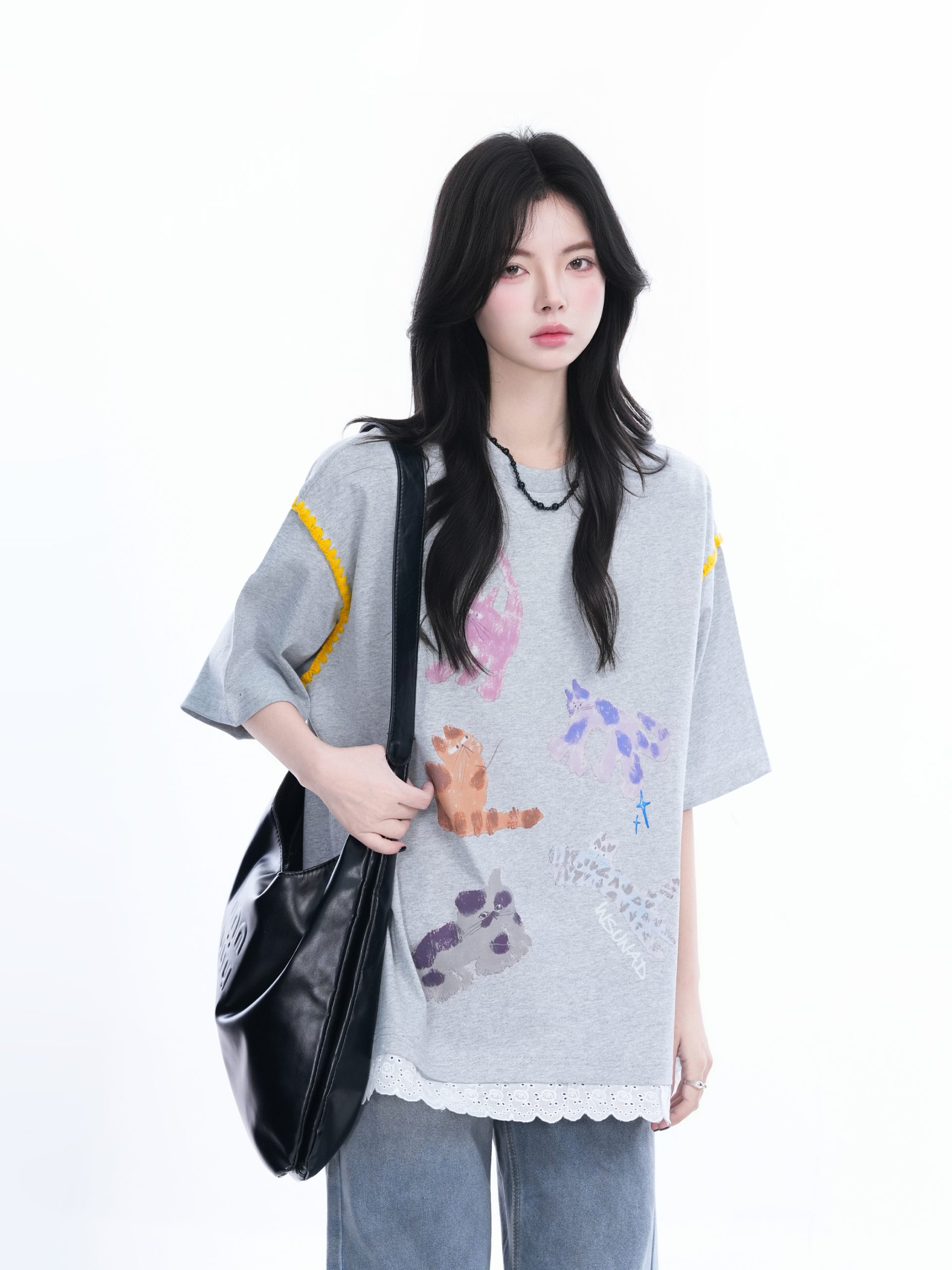 Women's Loose Cute Fake Two-Piece Lace Spliced Cat Graffiti Short Sleeve T-Shirt - Trendy Y2K Style Women's Loose Cute Fake Two-Piece Lace Spliced Cat Graffiti Short Sleeve T-Shirt - Trendy Y2K Style