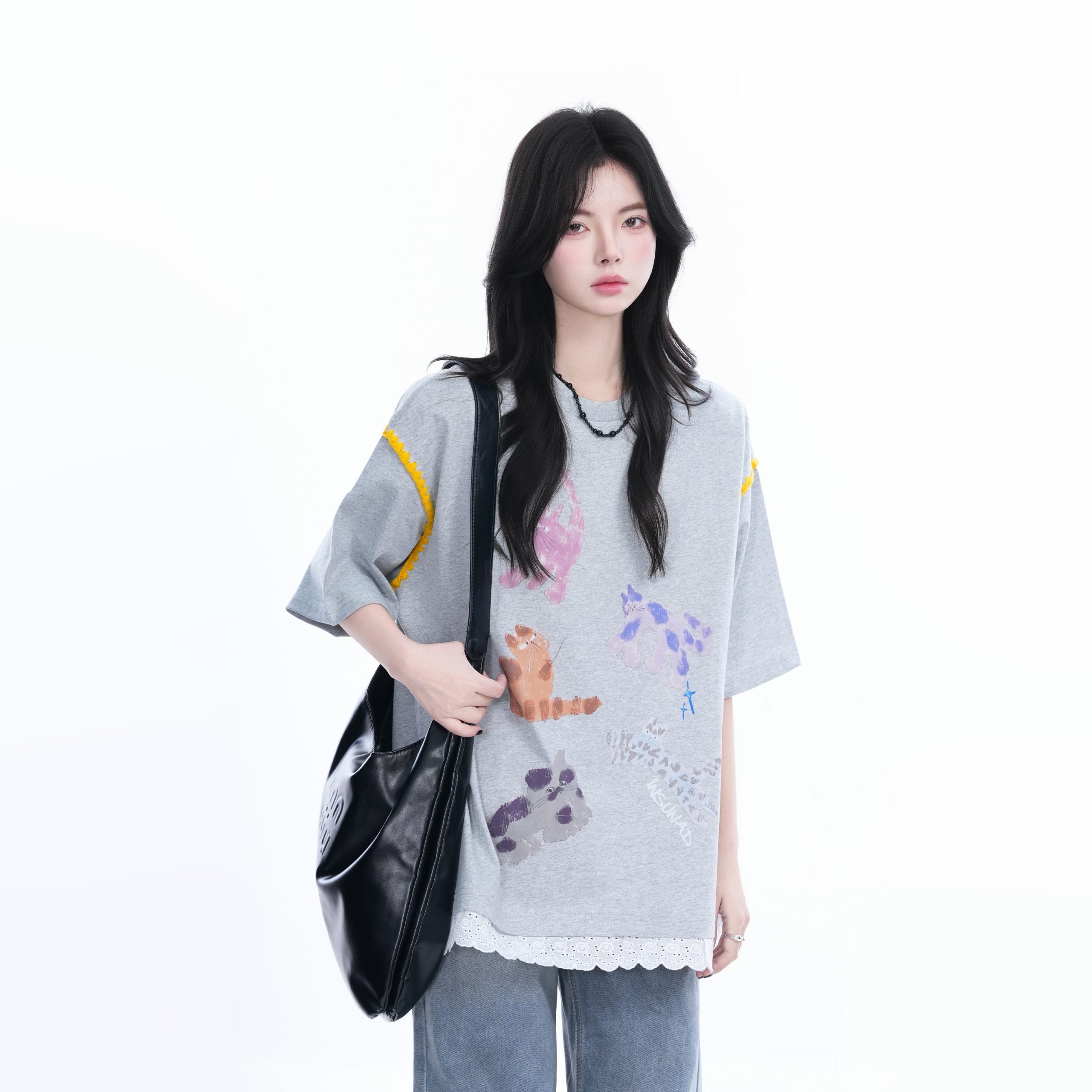 Women's Loose Cute Fake Two-Piece Lace Spliced Cat Graffiti Short Sleeve T-Shirt - Trendy Y2K Style Women's Loose Cute Fake Two-Piece Lace Spliced Cat Graffiti Short Sleeve T-Shirt - Trendy Y2K Style