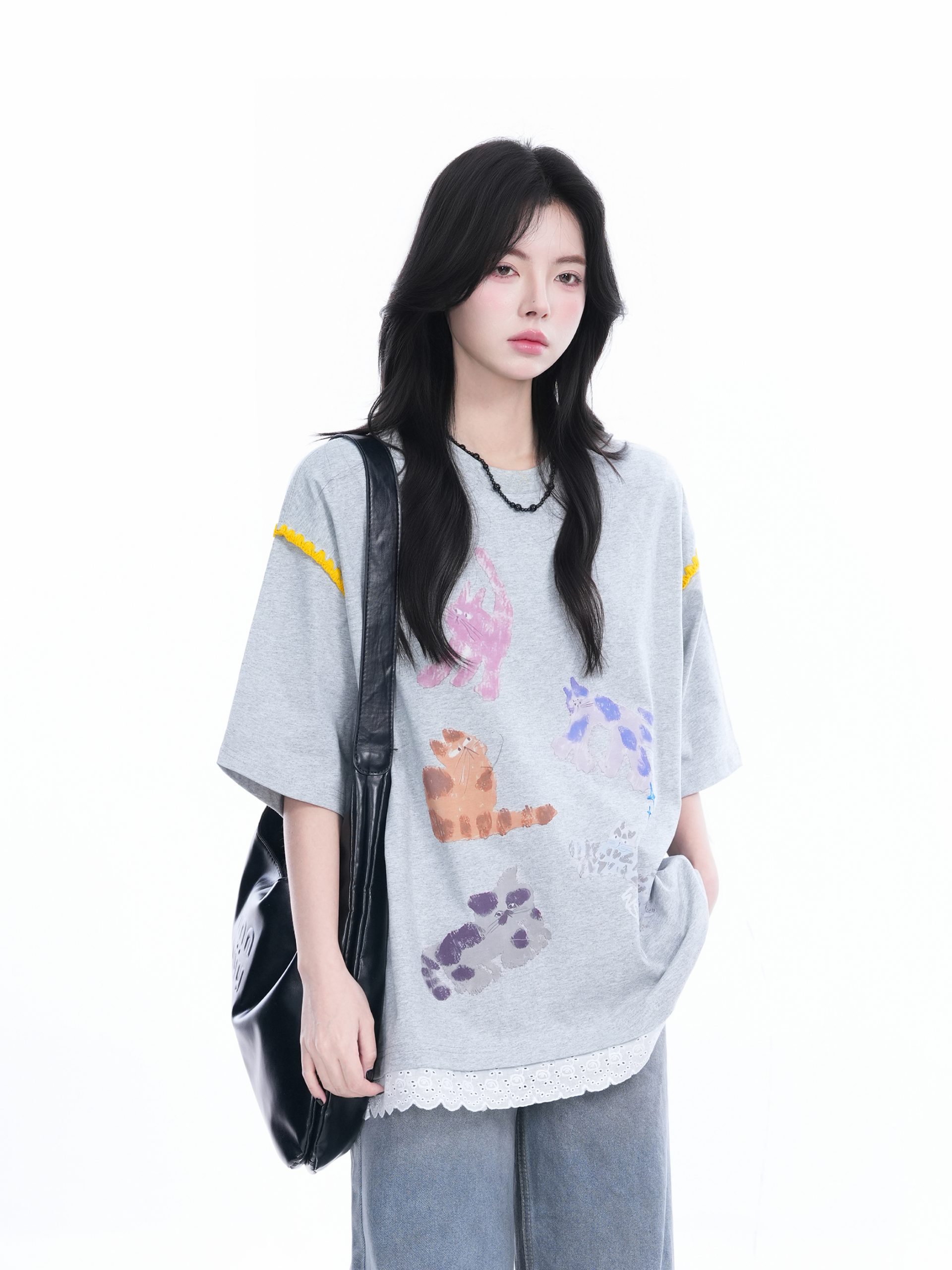 Women's Loose Cute Fake Two-Piece Lace Spliced Cat Graffiti Short Sleeve T-Shirt - Trendy Y2K Style Women's Loose Cute Fake Two-Piece Lace Spliced Cat Graffiti Short Sleeve T-Shirt - Trendy Y2K Style