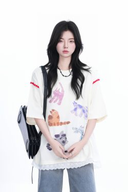 Women's Loose Cute Fake Two-Piece Lace Spliced Cat Graffiti Short Sleeve T-Shirt - Trendy Y2K Style