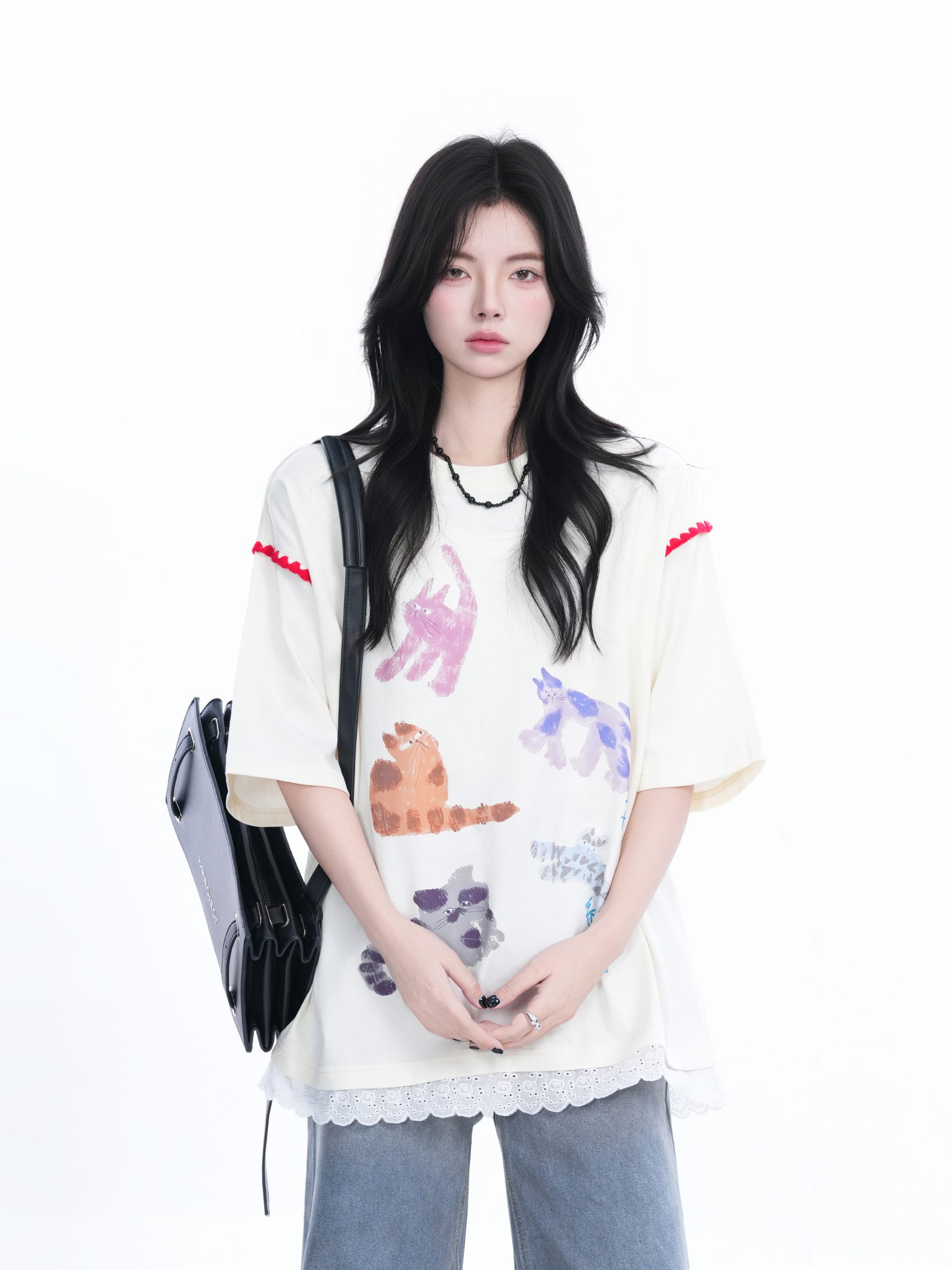 Women's Loose Cute Fake Two-Piece Lace Spliced Cat Graffiti Short Sleeve T-Shirt - Trendy Y2K Style Women's Loose Cute Fake Two-Piece Lace Spliced Cat Graffiti Short Sleeve T-Shirt - Trendy Y2K Style