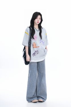 Women's Loose Cute Fake Two-Piece Lace Spliced Cat Graffiti Short Sleeve T-Shirt - Trendy Y2K Style