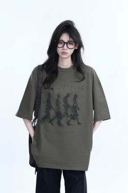 Women’s Loose Heavyweight Short-Sleeve T-Shirt with 'Sit and Eat Until the Mountains Are Empty' Shadow Print – Summer 2023 Style