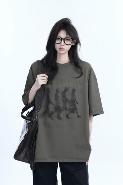 Women’s Loose Heavyweight Short-Sleeve T-Shirt with 'Sit and Eat Until the Mountains Are Empty' Shadow Print – Summer 2023 Style