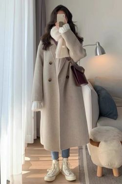 Women's Mid-Length Down Jacket with Cashmere Lining, 2024 Winter Thick Woolen Overcoat in Oatmeal Color