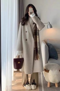 Women's Mid-Length Down Jacket with Cashmere Lining, 2024 Winter Thick Woolen Overcoat in Oatmeal Color