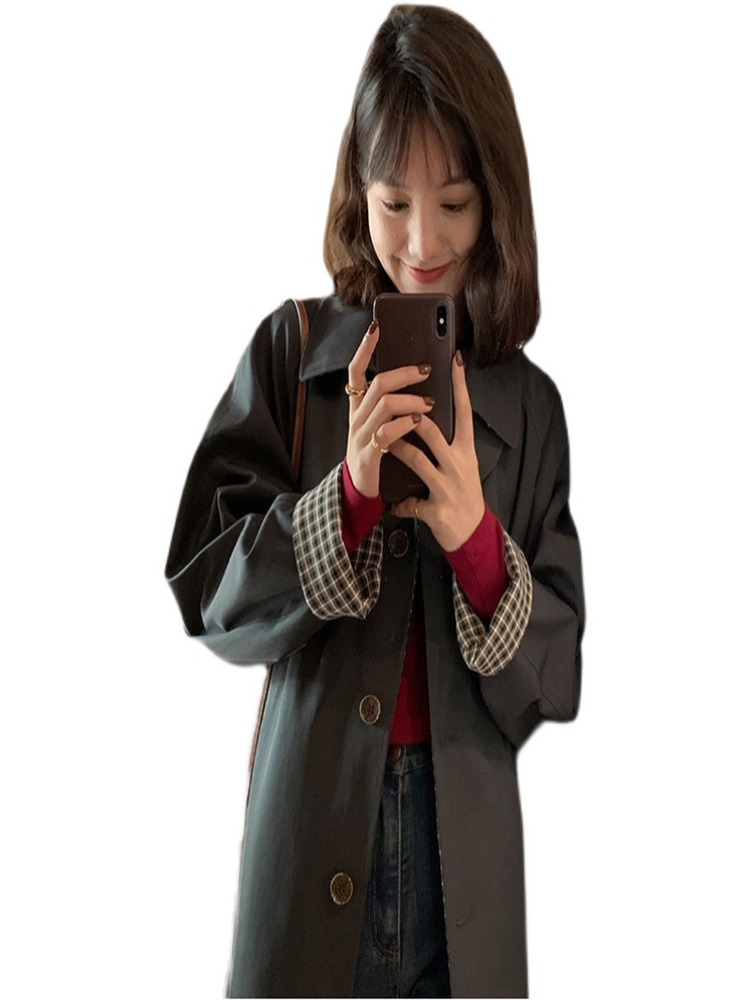 Women's Mid-Length Trench Coat - 2025 Spring Autumn Plaid Chic Style, Small Size, Korean Fashion for Early Fall Women's Mid-Length Trench Coat - 2025 Spring Autumn Plaid Chic Style, Small Size, Korean Fashion for Early Fall