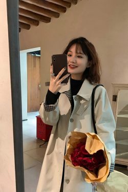 Women's Mid-Length Trench Coat 2025 - Chic Korean Plaid Design for Spring & Autumn, Small Size, Trendy Early Autumn Outerwear