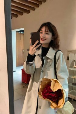 Women's Mid-Length Trench Coat 2025 - Chic Korean Plaid Design for Spring & Autumn, Small Size, Trendy Early Autumn Outerwear