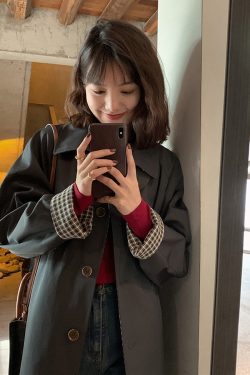 Women's Mid-Length Trench Coat 2025 - Chic Korean Plaid Design for Spring & Autumn, Small Size, Trendy Early Autumn Outerwear