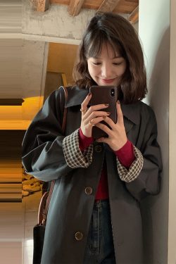 Women's Mid-Length Trench Coat 2025 - Chic Korean Plaid Design for Spring & Autumn, Small Size, Trendy Early Autumn Outerwear