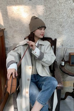 Women's Mid-Length Trench Coat 2025 - Chic Korean Plaid Design for Spring & Autumn, Small Size, Trendy Early Autumn Outerwear