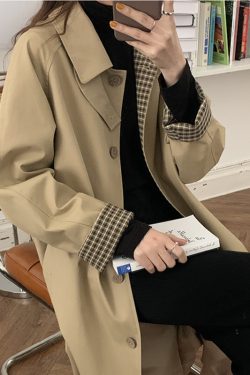 Women's Mid-Length Trench Coat 2025 - Chic Korean Plaid Design for Spring & Autumn, Small Size, Trendy Early Autumn Outerwear