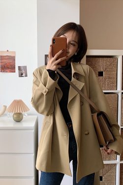 Women's Mid-Length Trench Coat in Khaki - Petite Size, 2024 Korean Style, British-Inspired for Spring and Autumn Fashion