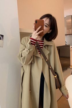 Women's Mid-Length Trench Coat in Khaki - Petite Size, 2024 Korean Style, British-Inspired for Spring and Autumn Fashion