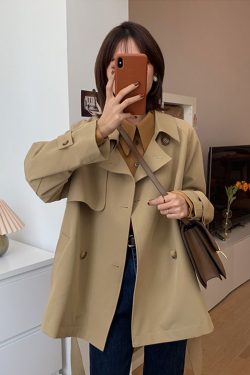 Women's Mid-Length Trench Coat in Khaki - Petite Size, 2024 Korean Style, British-Inspired for Spring and Autumn Fashion