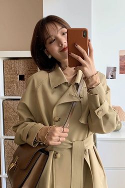 Women's Mid-Length Trench Coat in Khaki - Petite Size, 2024 Korean Style, British-Inspired for Spring and Autumn Fashion