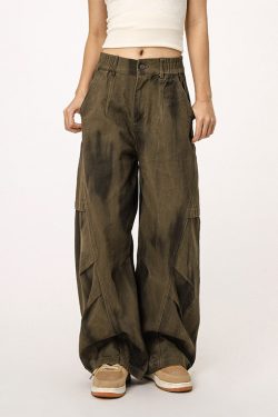 Women's Military Green Loose Straight Wide-Leg Casual Flared Jazz Dance Pants - Comfortable Work Pants for Y2K Style