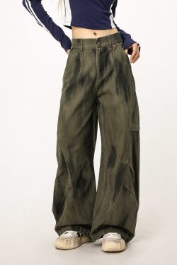 Women's Military Green Loose Straight Wide-Leg Casual Flared Jazz Dance Pants - Comfortable Work Pants for Y2K Style