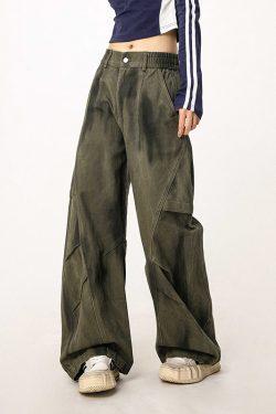 Women's Military Green Loose Straight Wide-Leg Casual Flared Jazz Dance Pants - Comfortable Work Pants for Y2K Style