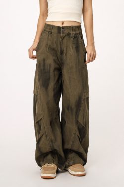 Women's Military Green Loose Straight Wide-Leg Casual Flared Jazz Dance Pants - Comfortable Work Pants for Y2K Style