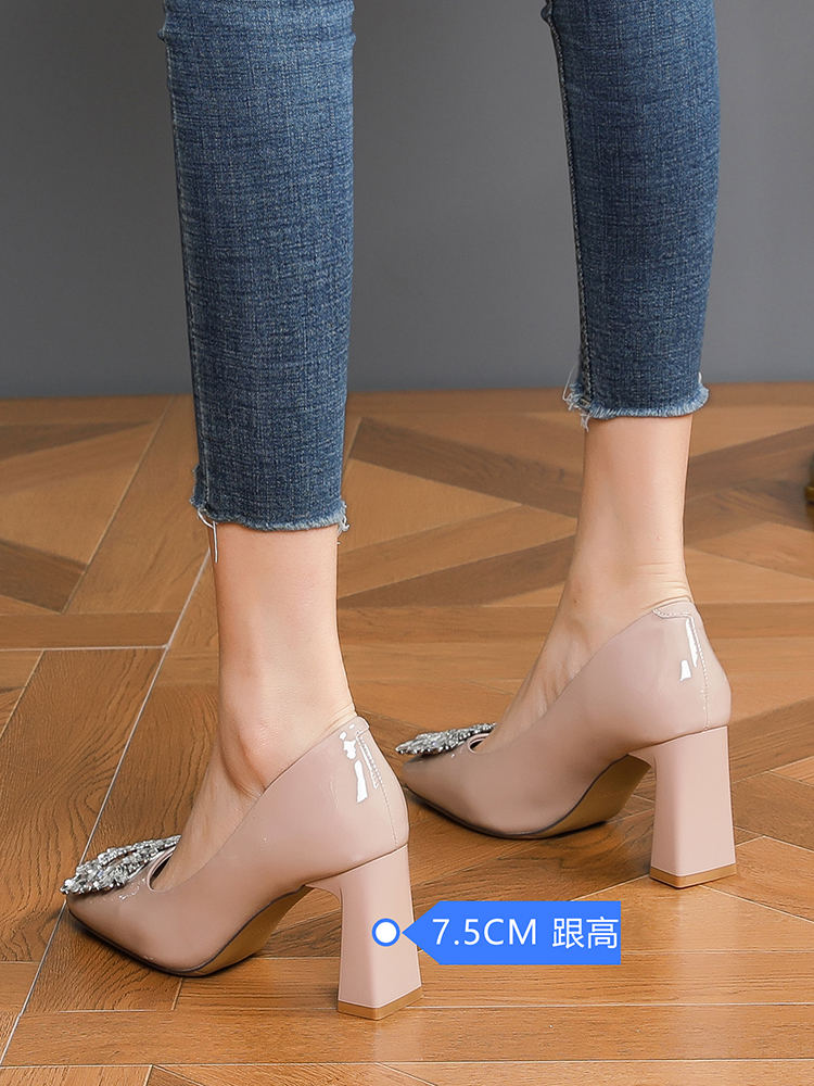 Women's Milk Tea Color Square Toe High Heels with Rhinestone Buckle - Chunky Heel Banquet and Wedding Shoes Women's Milk Tea Color Square Toe High Heels with Rhinestone Buckle - Chunky Heel Banquet and Wedding Shoes