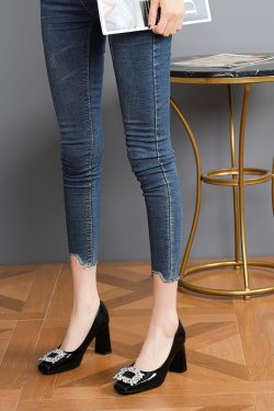 Women's Milk Tea Color Square Toe High Heels with Rhinestone Buckle - Chunky Heel Banquet and Wedding Shoes