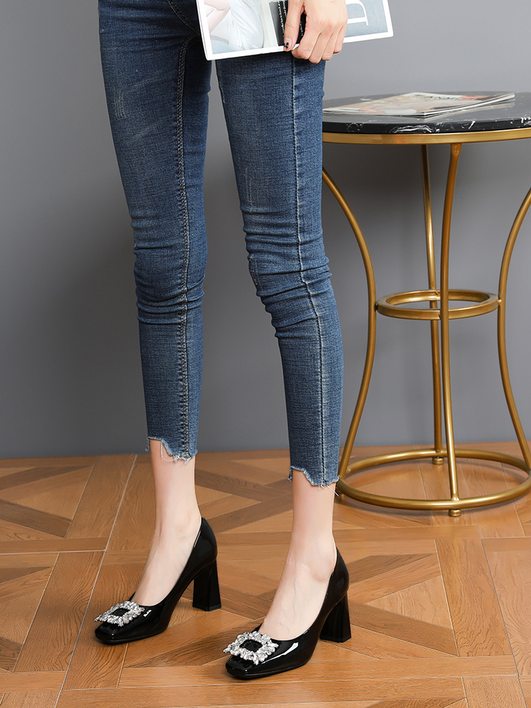 Women's Milk Tea Color Square Toe High Heels with Rhinestone Buckle - Chunky Heel Banquet and Wedding Shoes Women's Milk Tea Color Square Toe High Heels with Rhinestone Buckle - Chunky Heel Banquet and Wedding Shoes